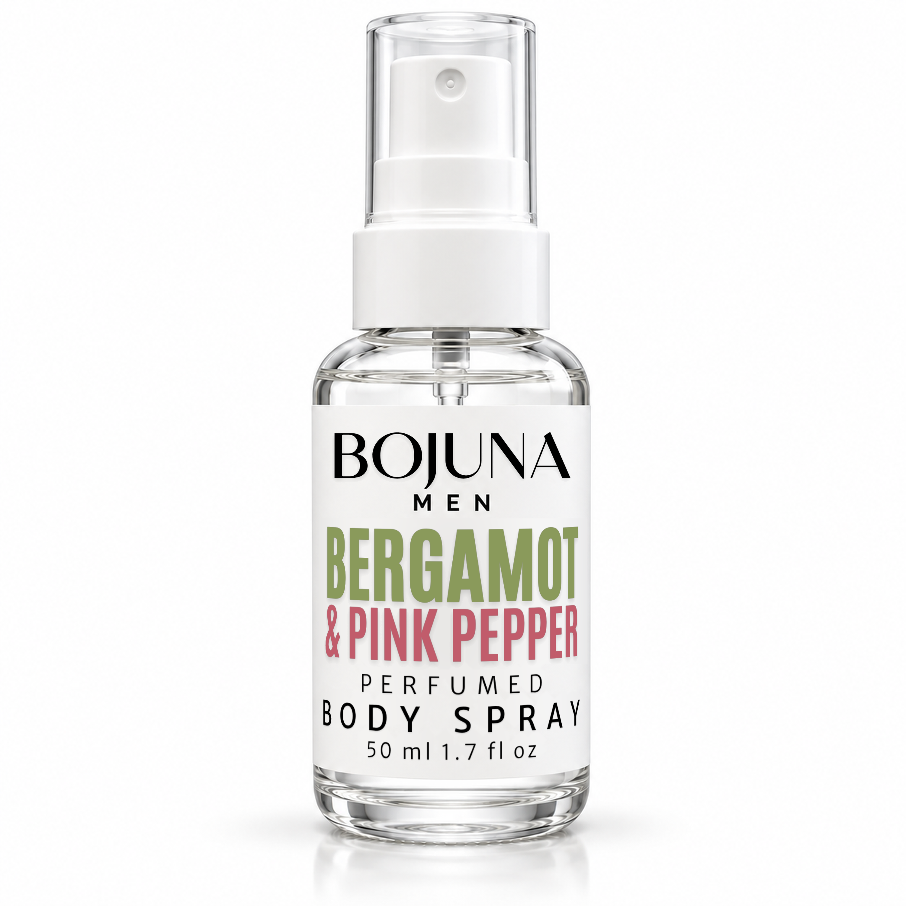Bojuna Men Bergamot & Pink Pepper perfumed body spray, 50 ml bottle on a white background