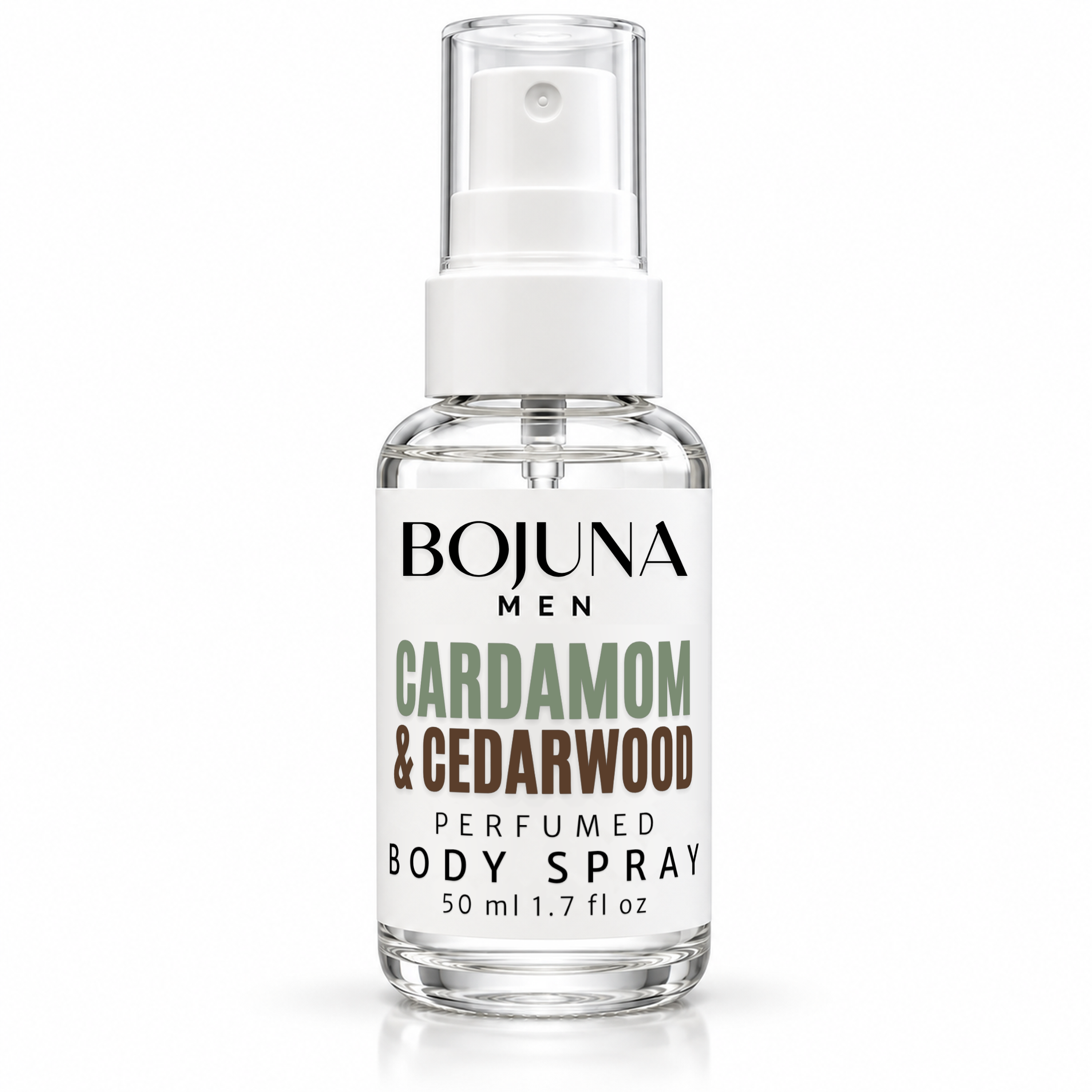Bojuna Men Cardamom & Cedarwood perfumed body spray, 50 ml bottle on a white background