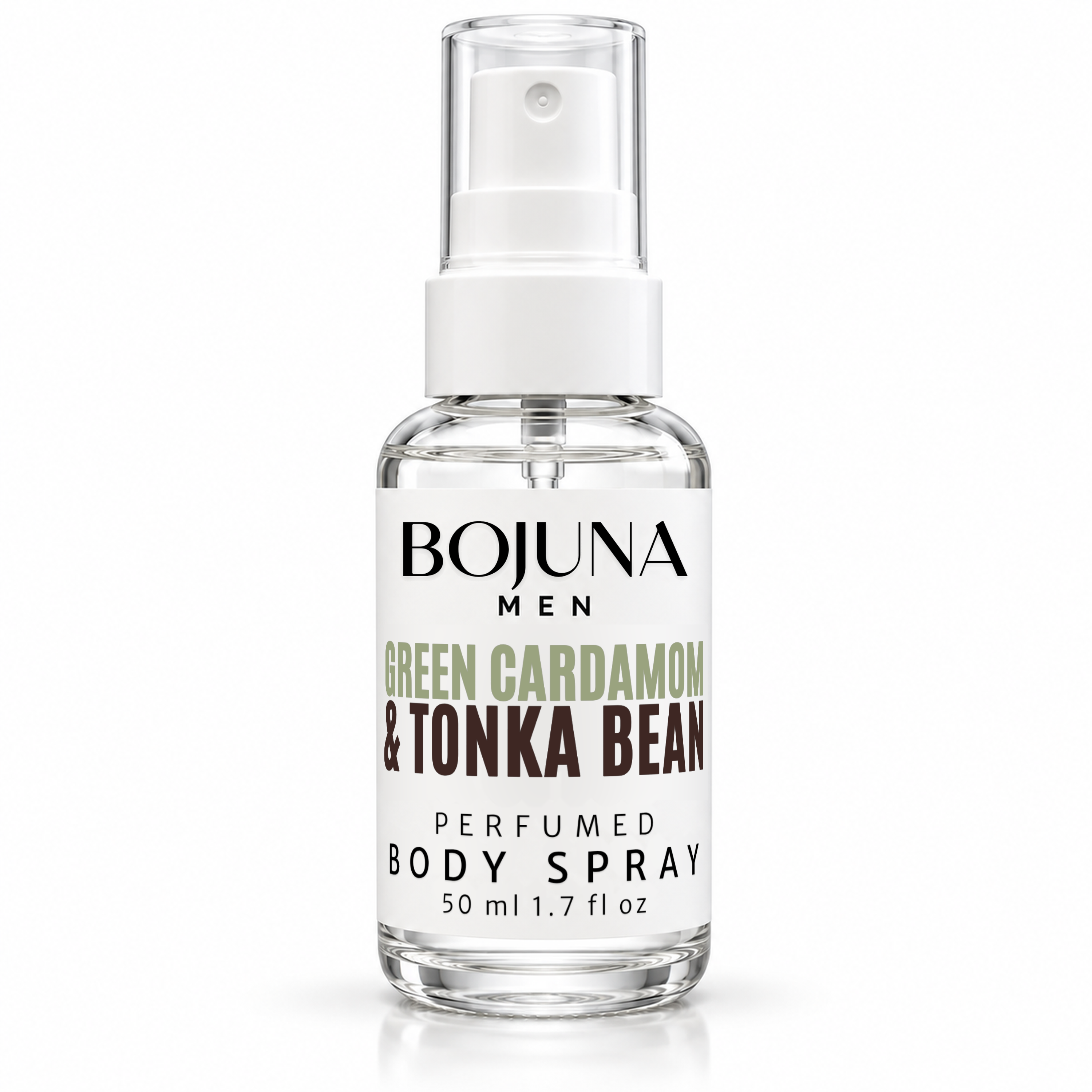 Bojuna Men Green Cardamom & Tonka Bean perfumed body spray, 50 ml bottle on a white background