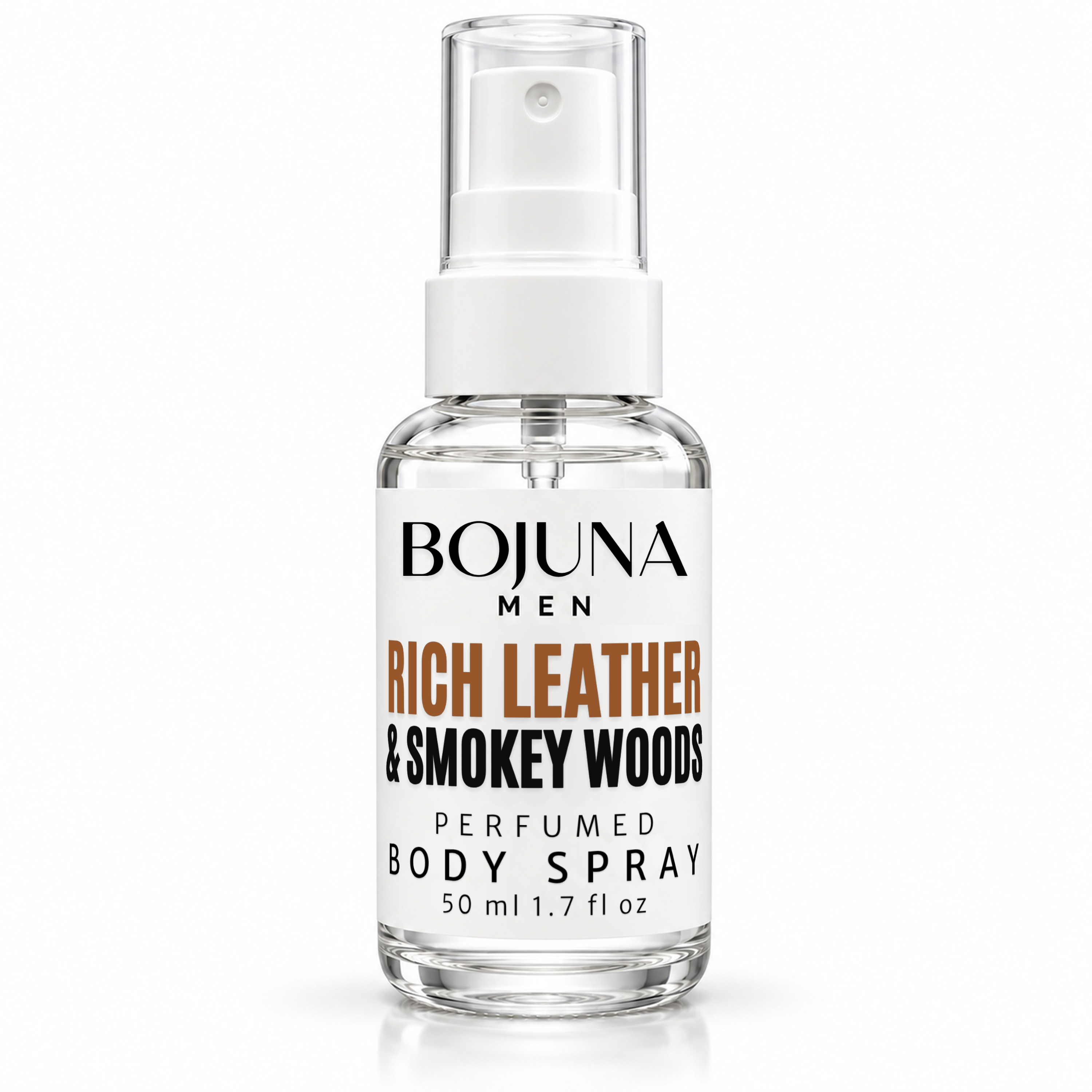 Bojuna Men Rich Leather & Smokey Woods perfumed body spray, 50 ml bottle on a white background
