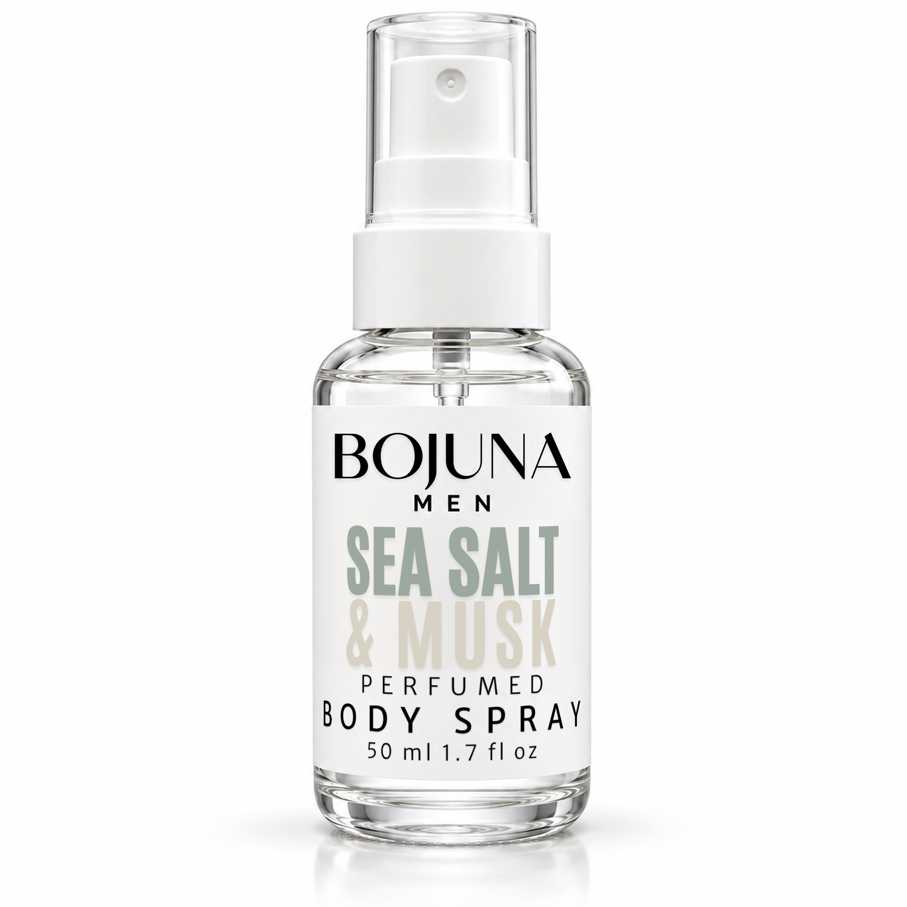 Bojuna Men Sea Salt & Musk perfumed body spray, 50 ml bottle on a white background