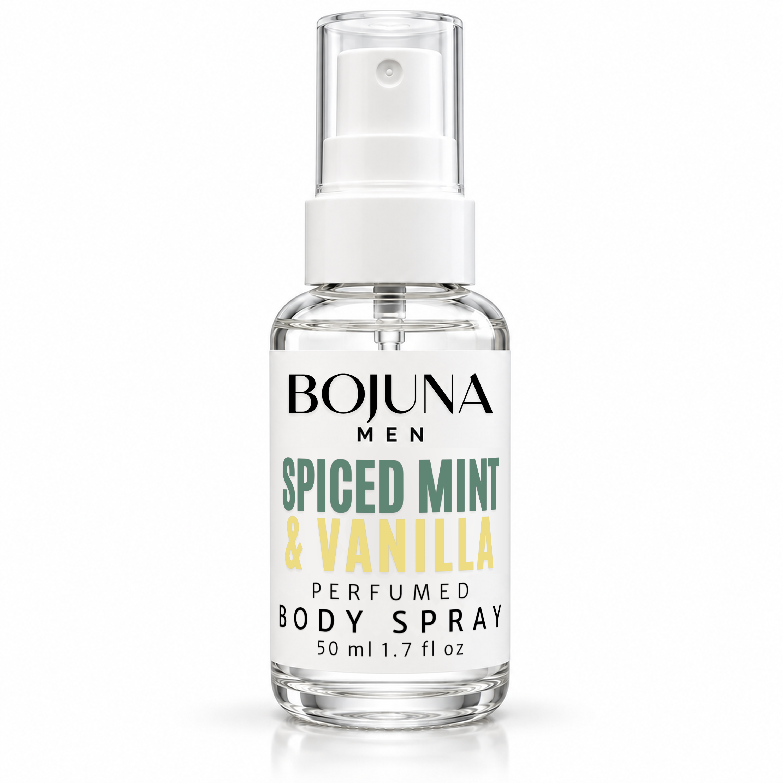 Bojuna Men Spiced Mint & Vanilla perfumed body spray, 50 ml bottle on a white background