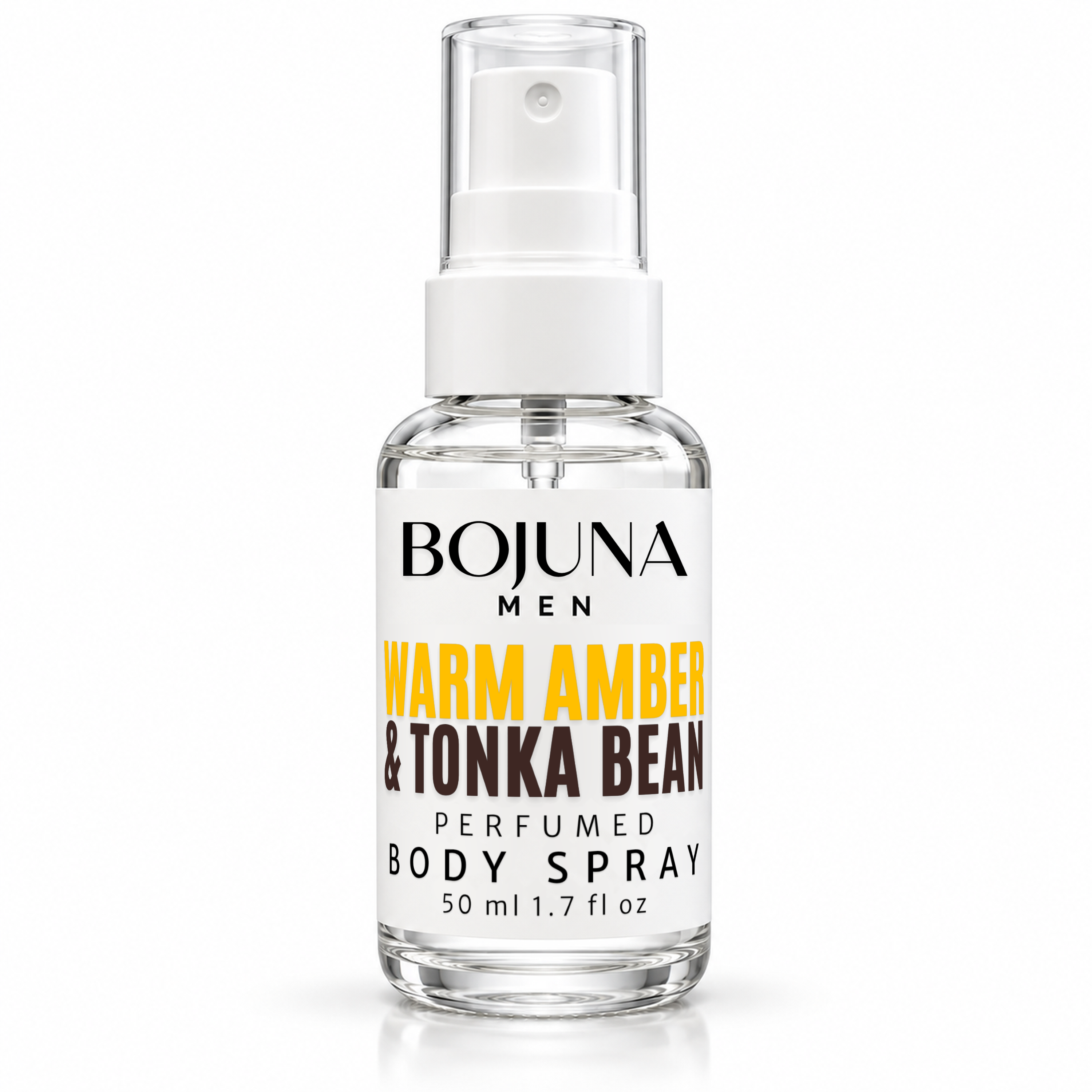 Bojuna Men Warm Amber & Tonka Bean perfumed body spray, 50 ml bottle on a white background