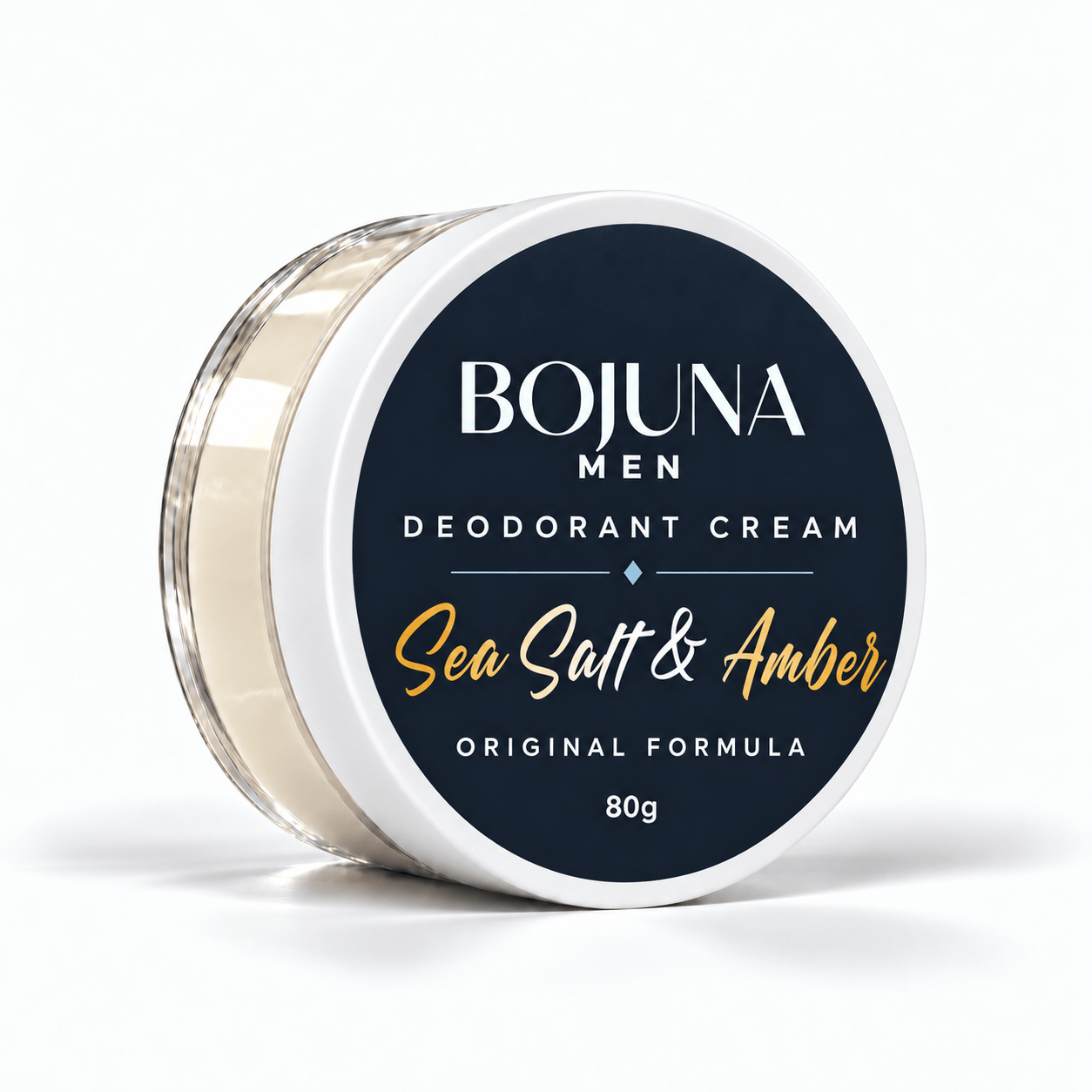 Bojuna Men Sea Salt & Amber Original Formula Deodorant Cream 80g in clear jar with white lid and navy label
