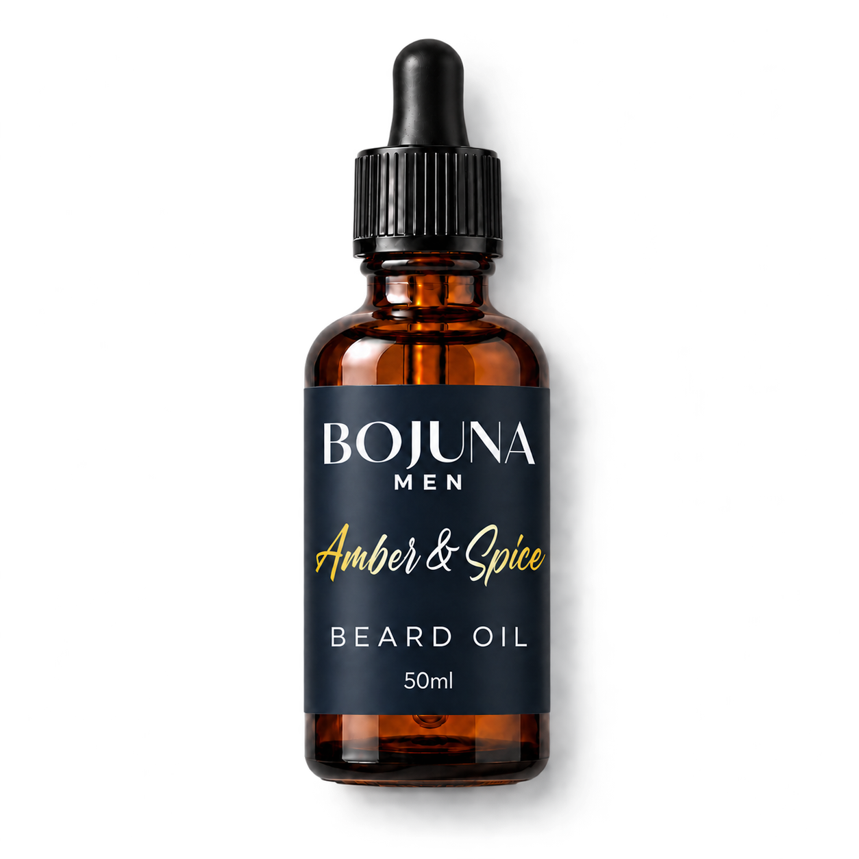 Bojuna Men Amber & Spice Beard Oil 50ml in an amber glass dropper bottle, lying flat on white with the new navy label.