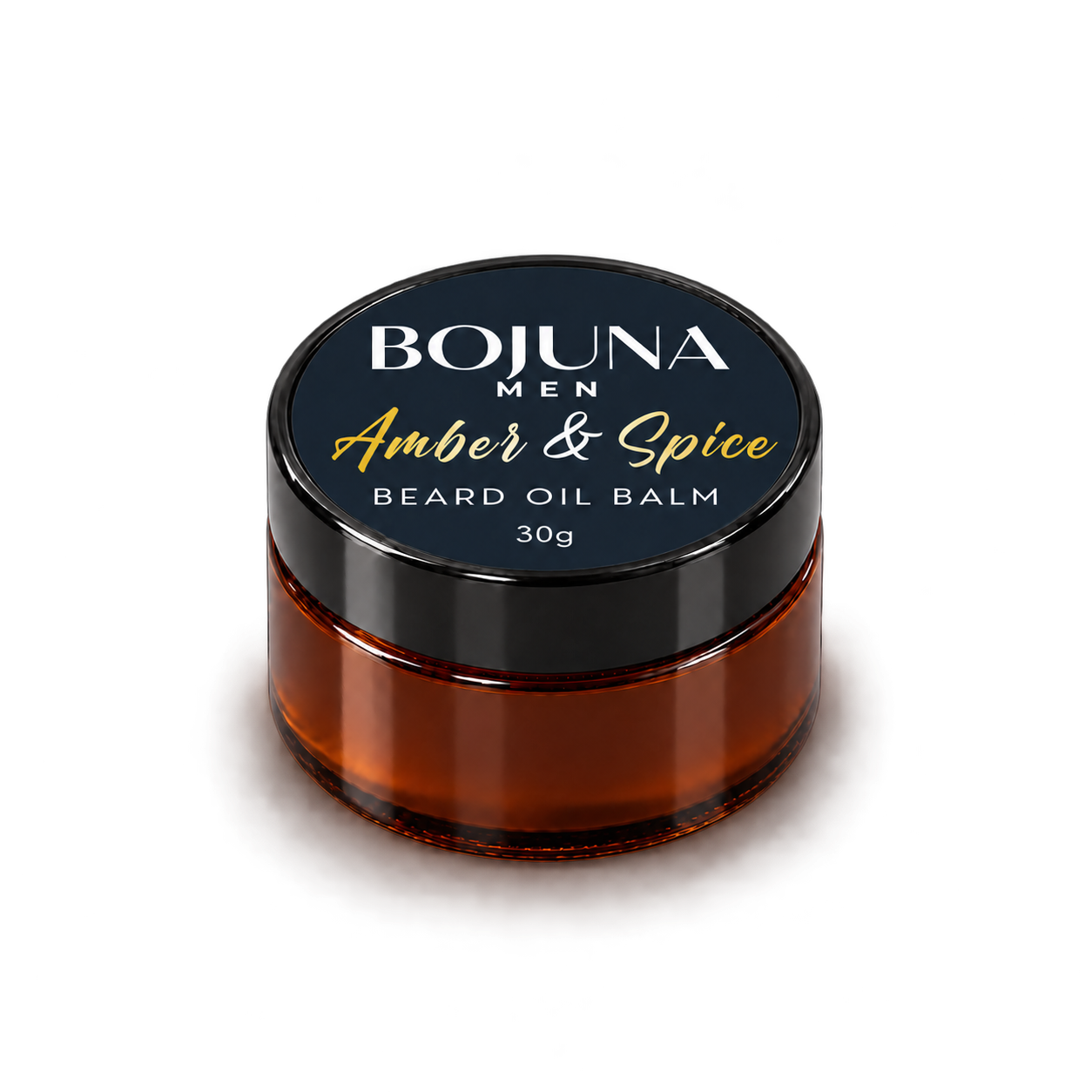 Bojuna Men Amber & Spice Beard Oil Balm, amber glass jar with black lid and navy label clearly marked 30g, on a white background.