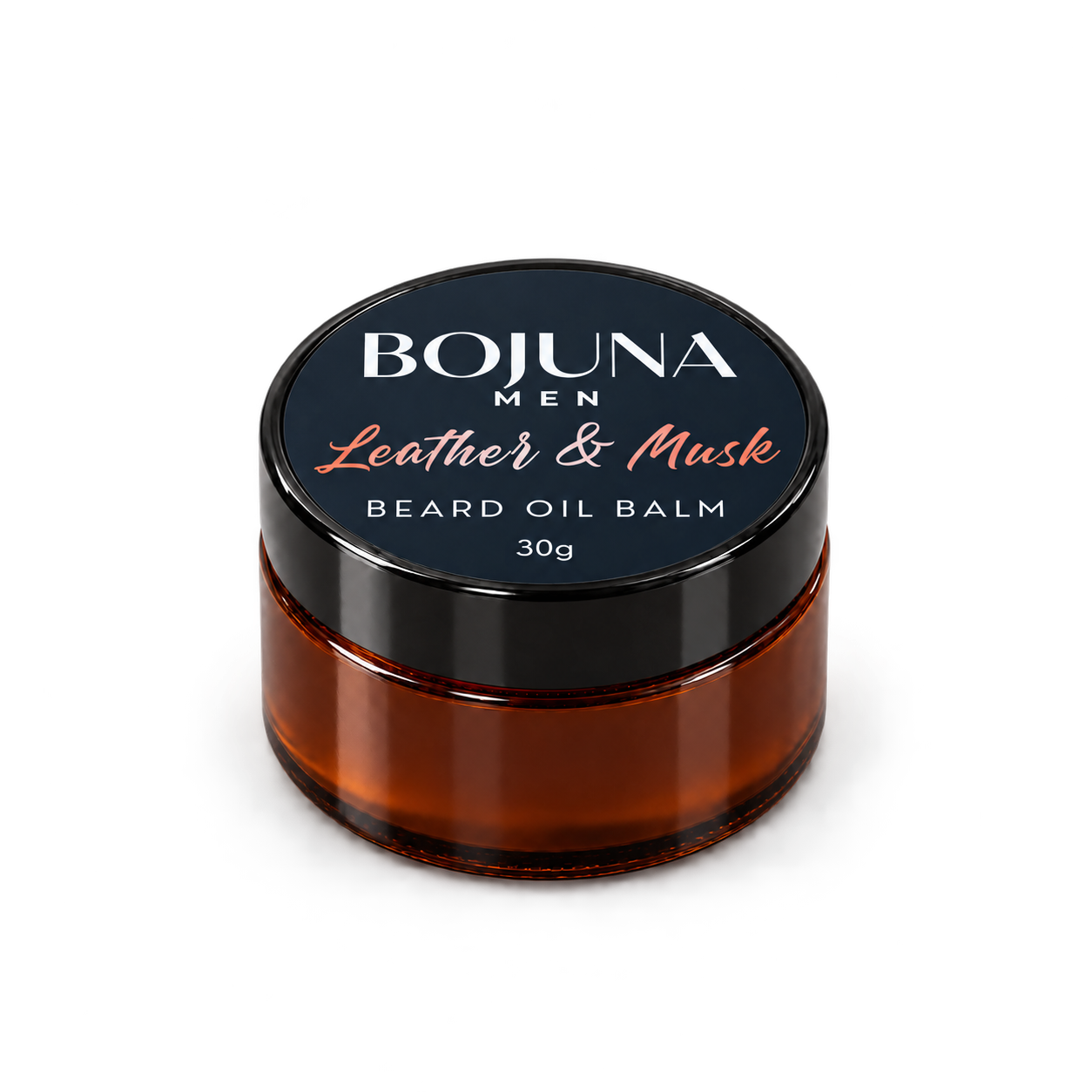 Bojuna Men Leather & Musk Beard Oil Balm, amber glass jar with black lid and navy label marked 30g, on a white background.