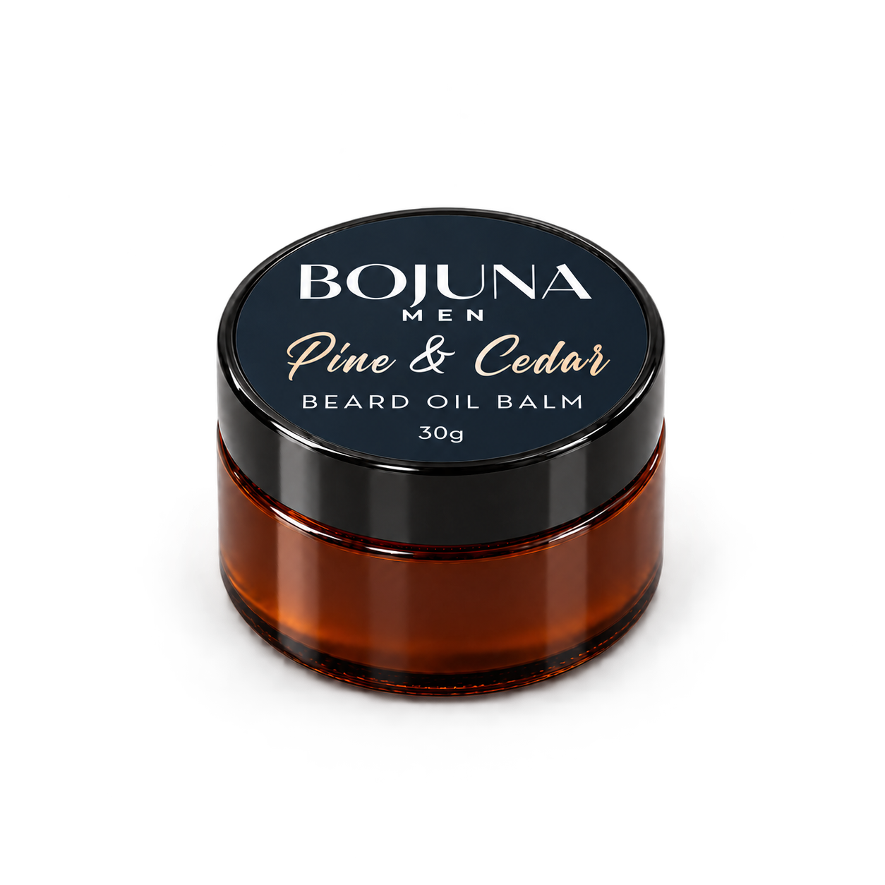Bojuna Men Pine & Cedar Beard Oil Balm, amber glass jar with black lid and navy label marked 30g, on a white background.