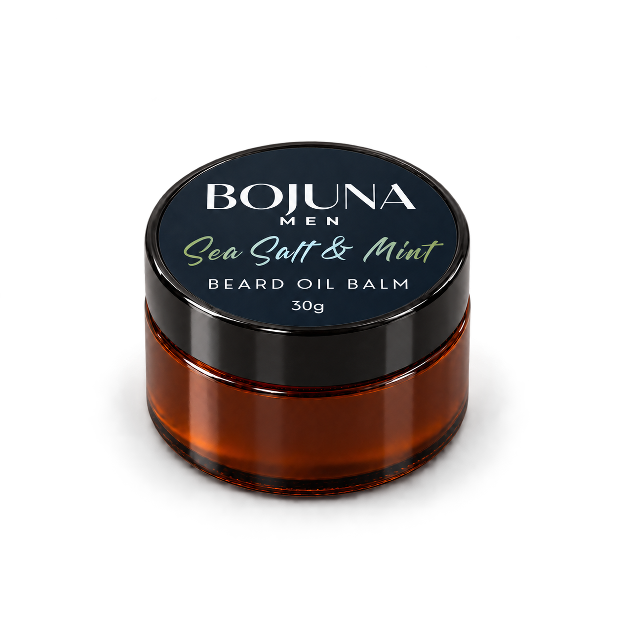Bojuna Men Sea Salt & Mint Beard Oil Balm, amber glass jar with black lid and navy label marked 30g, on a white background.