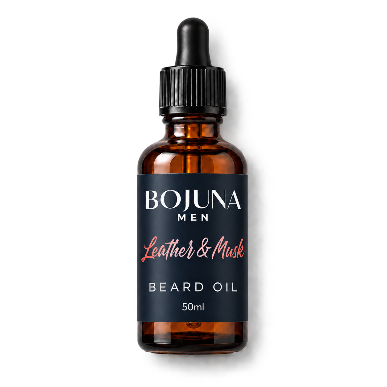 Bojuna Men Leather & Musk Beard Oil 50ml in an amber glass dropper bottle, lying flat on white with the new navy label.