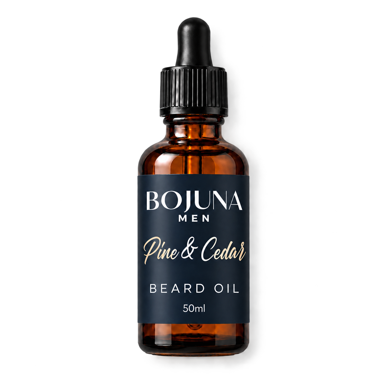 Bojuna Men Pine & Cedar Beard Oil 50ml in an amber glass dropper bottle, lying flat on white with the new navy label.