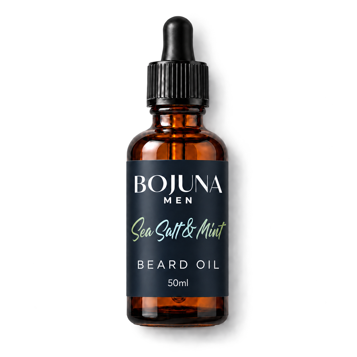 Bojuna Men Sea Salt & Mint Beard Oil 50ml in an amber glass dropper bottle, lying flat on white with the new navy label.