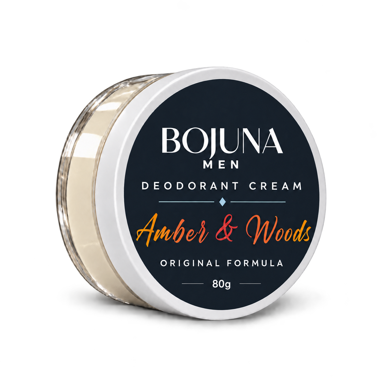 Bojuna Men Amber & Woods Original Formula Deodorant Cream 80g in a clear pot with a white lid and navy label, on a white background.