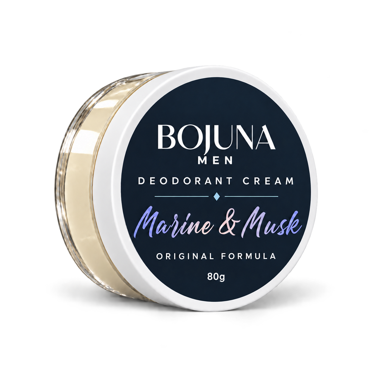 Bojuna Men Marine & Musk Original Formula Deodorant Cream 80g in a clear pot with a white lid and navy label, on a white background.