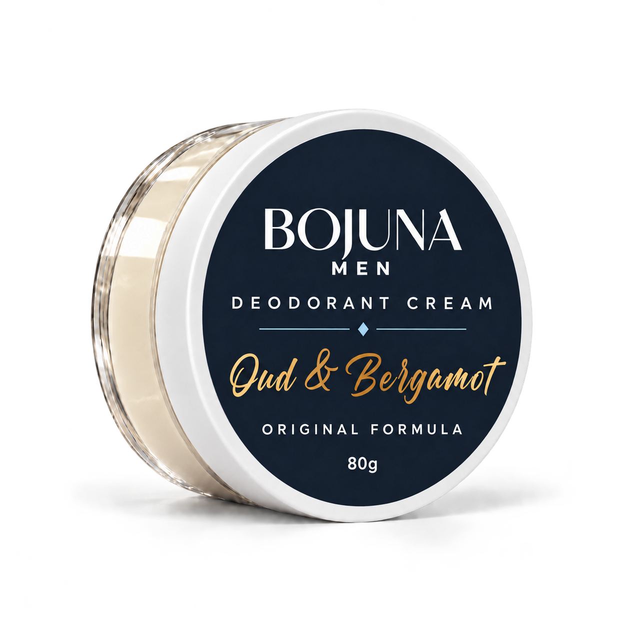 Bojuna Men Oud & Bergamot Original Formula Deodorant Cream 80g in a clear pot with a white lid and navy label, on a white background.