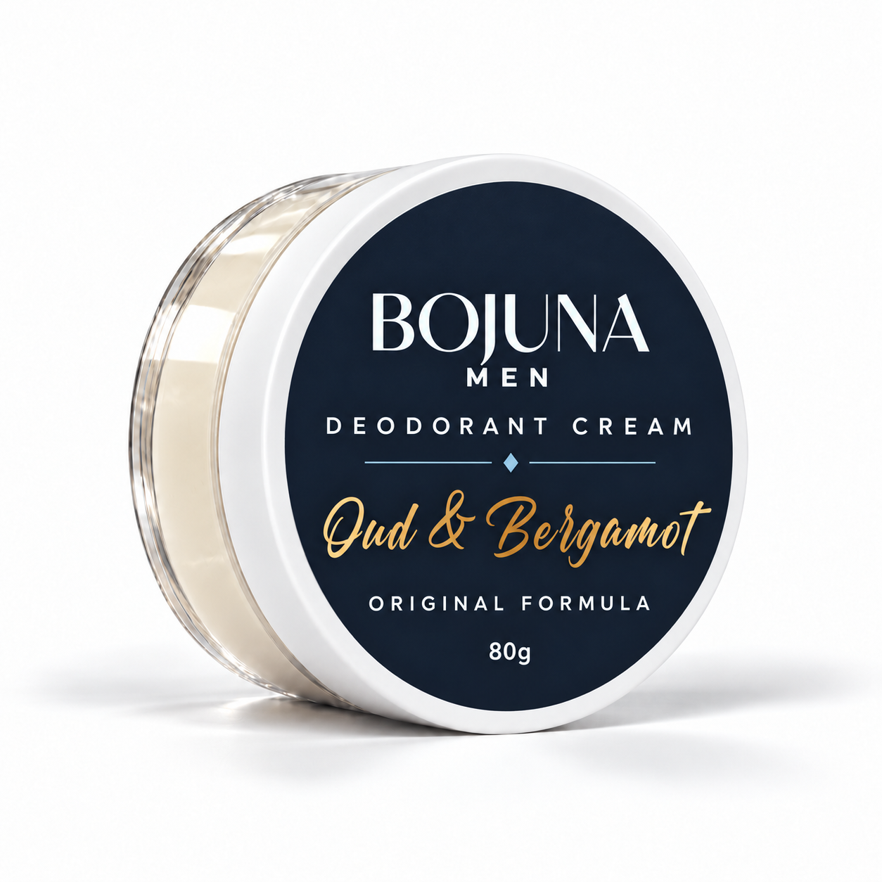 Bojuna Men Oud & Bergamot Original Formula Deodorant Cream 80g in a clear pot with a white lid and navy label, on a white background.
