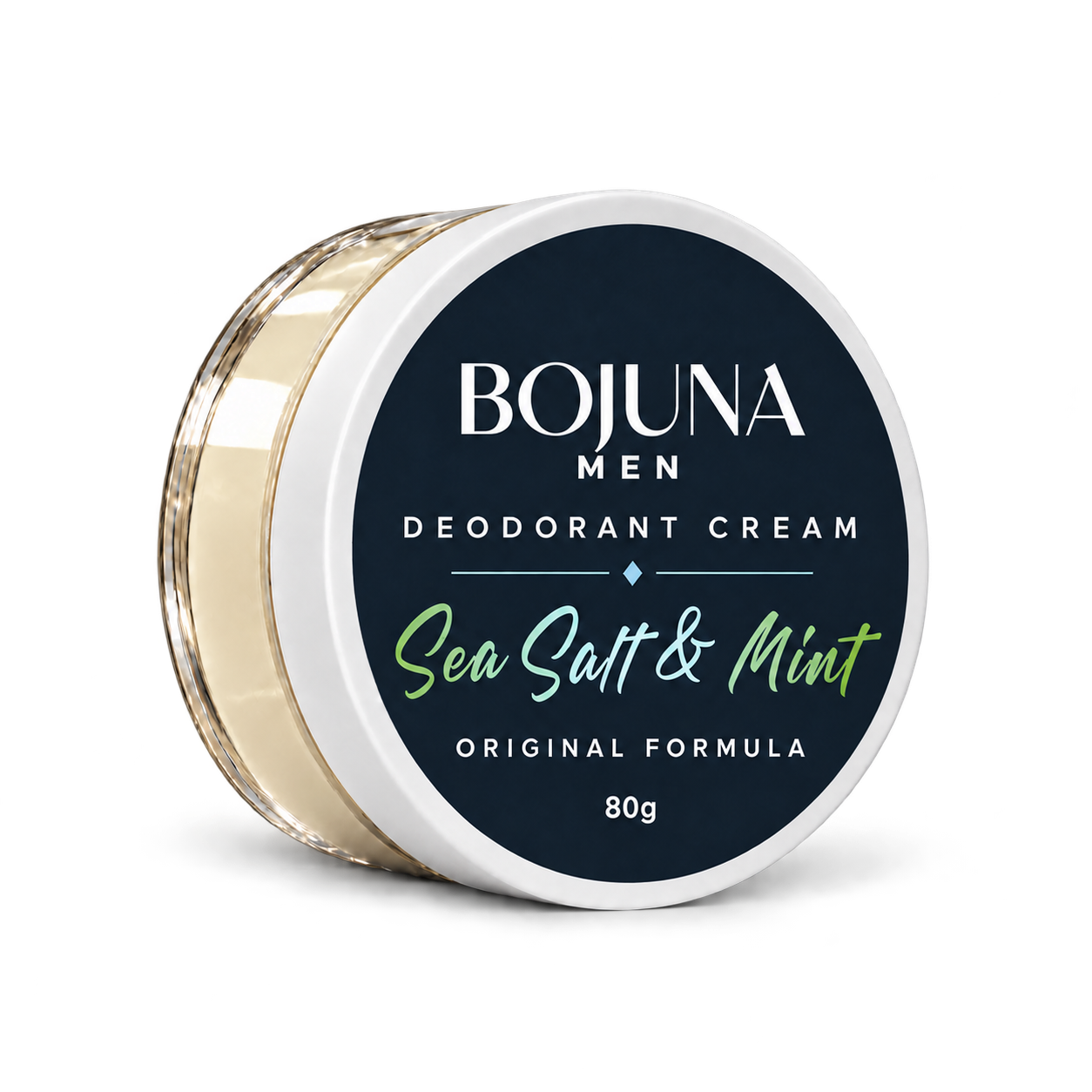 Bojuna Men Sea Salt & Mint Original Formula Deodorant Cream 80g in a clear pot with a white lid and navy label, on a white background.