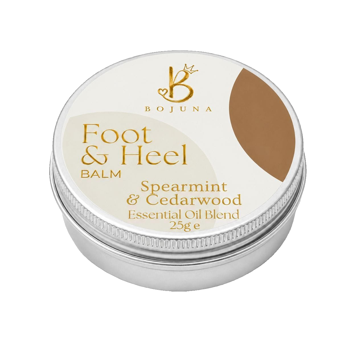 A round silver metal tin of Bojuna Foot & Heal Balm, featuring a cream-colored label with gold text and a brown color swatch on a white background.