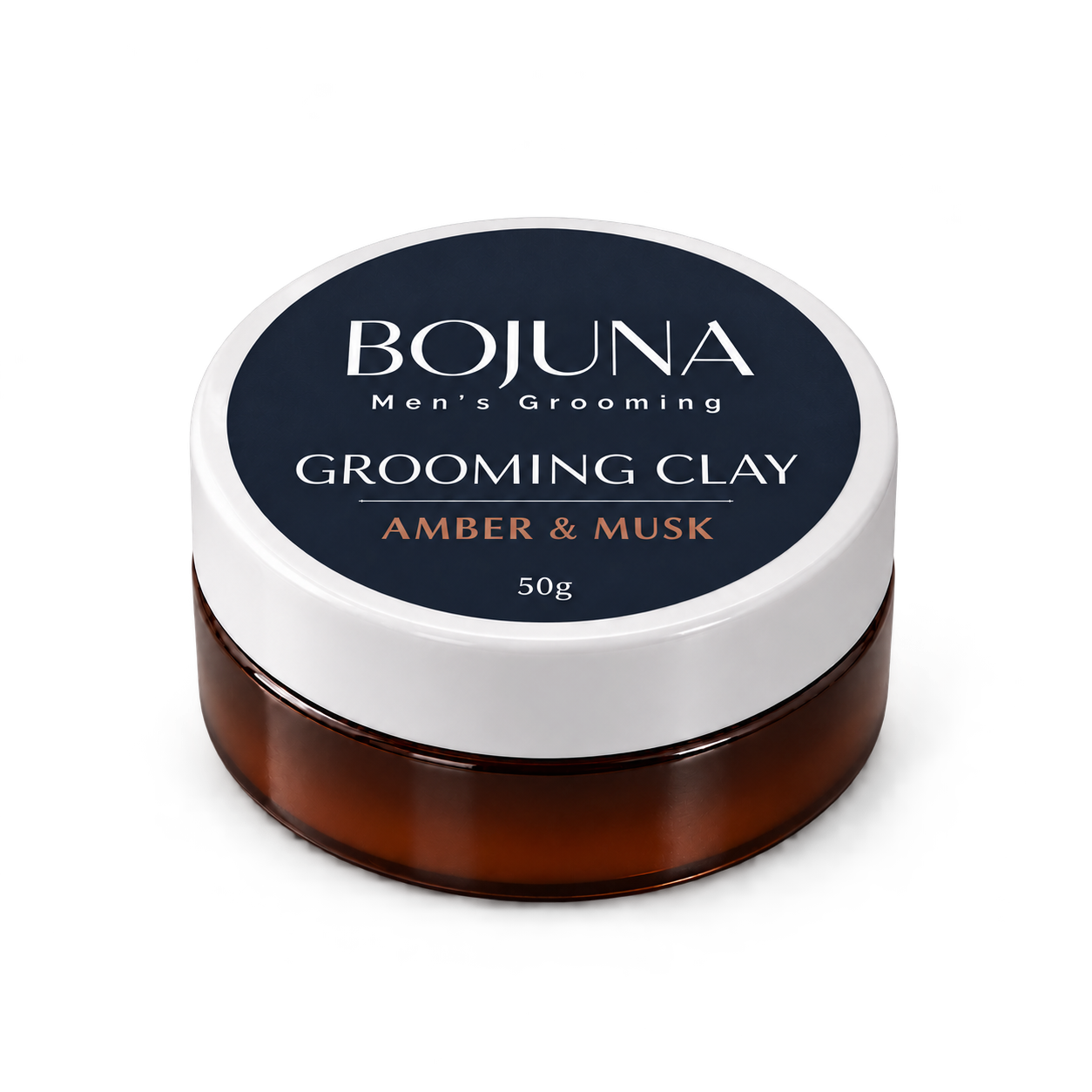 Bojuna Amber & Musk Grooming Clay 50g in a dark amber jar with its navy label and white lid.