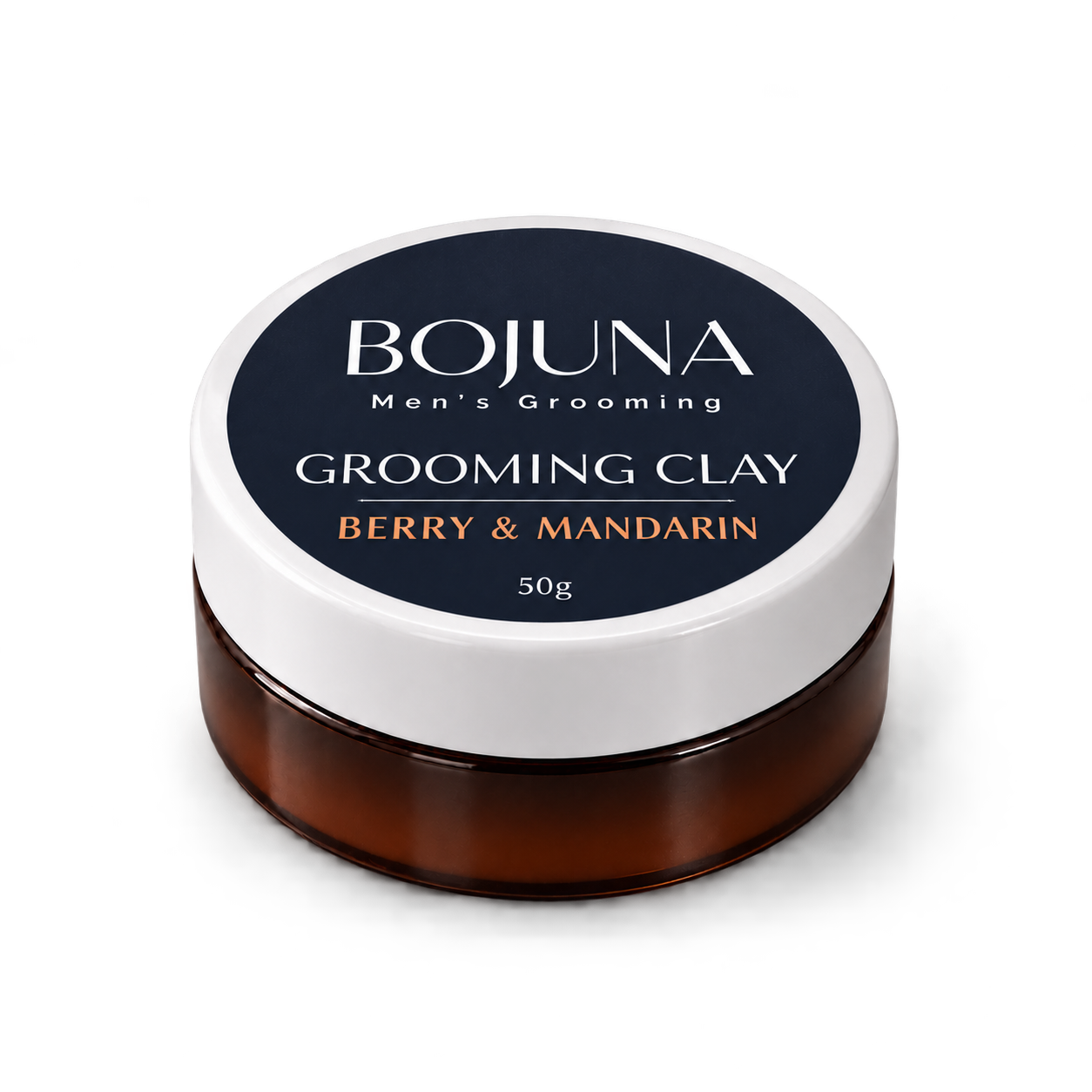Bojuna Berry & Mandarin Grooming Clay 50g in a dark amber jar with its navy label and white lid.