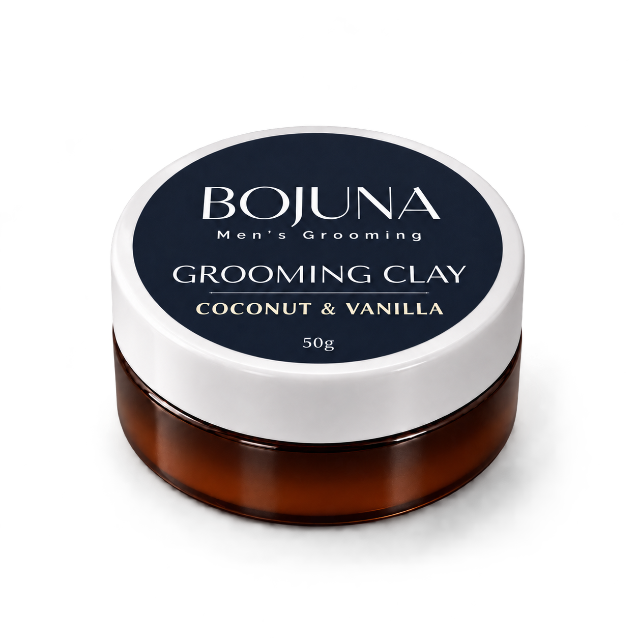 Bojuna Coconut & Vanilla Grooming Clay 50g in a dark amber jar with its navy label and white lid.