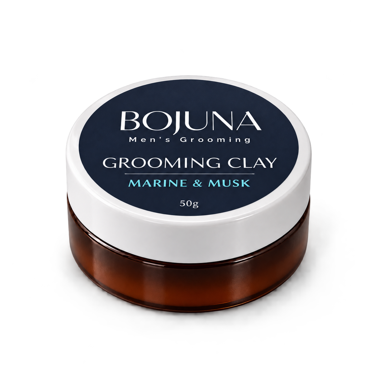 Bojuna Marine & Musk Grooming Clay 50g in a dark amber jar with its navy label and white lid.