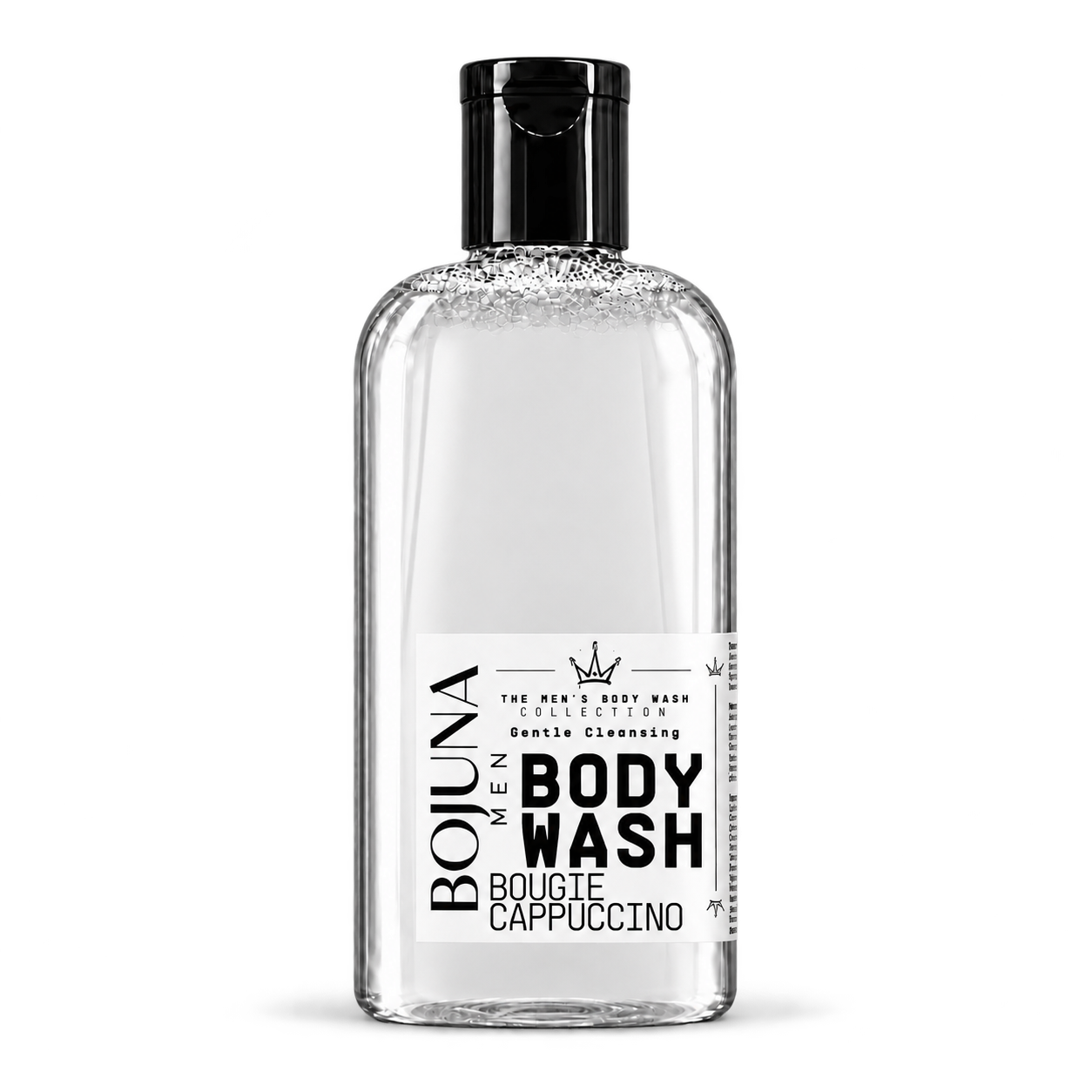 Bojuna Men Bougie Cappuccino Body Wash 250 ml, clear bottle with black cap and redesigned white label.