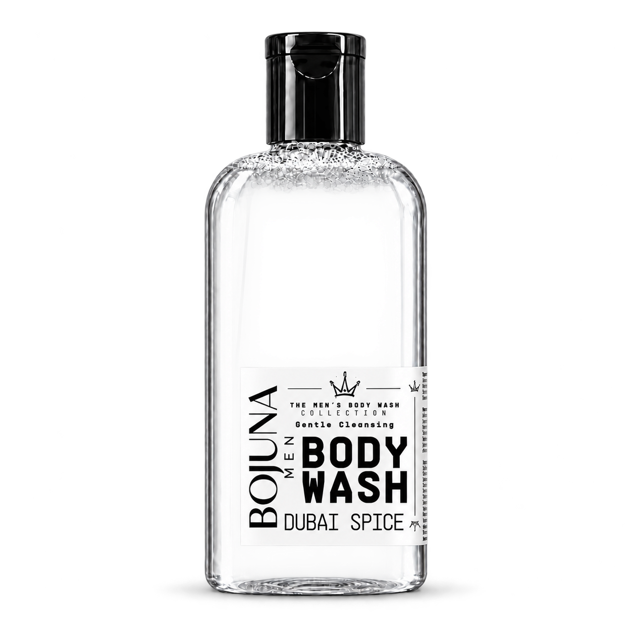 Bojuna Men Dubai Spice Body Wash 250 ml, clear bottle with black cap and redesigned white label.