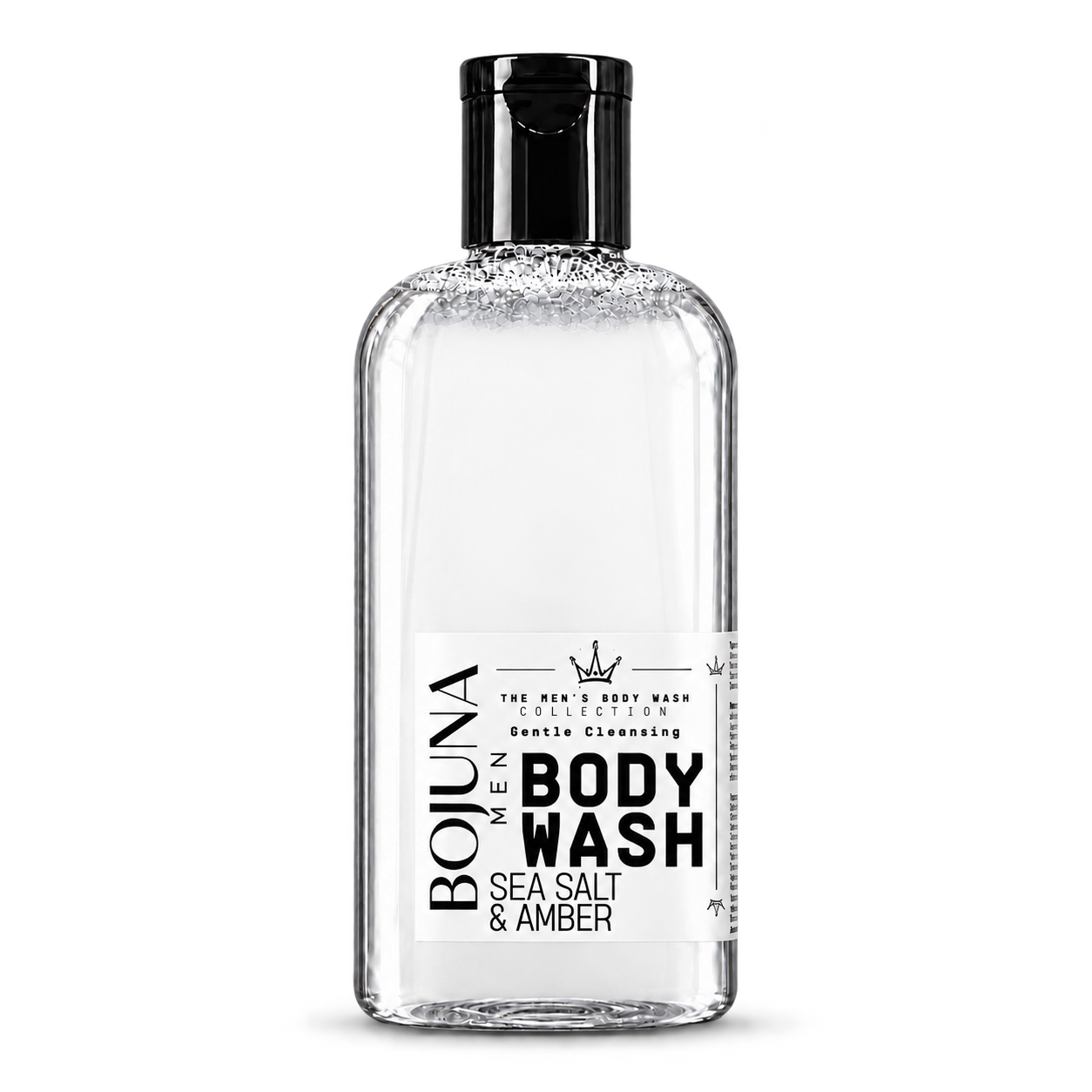 Bojuna Men Sea Salt & Amber Body Wash 250 ml, clear bottle with black cap and redesigned white label.