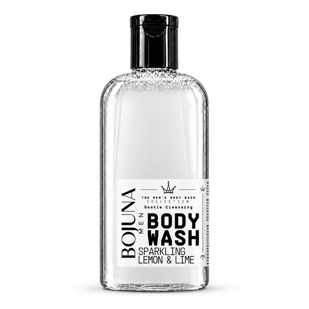 Bojuna Men Sparkling Lemon & Lime Body Wash 250 ml, clear bottle with black cap and redesigned white label.