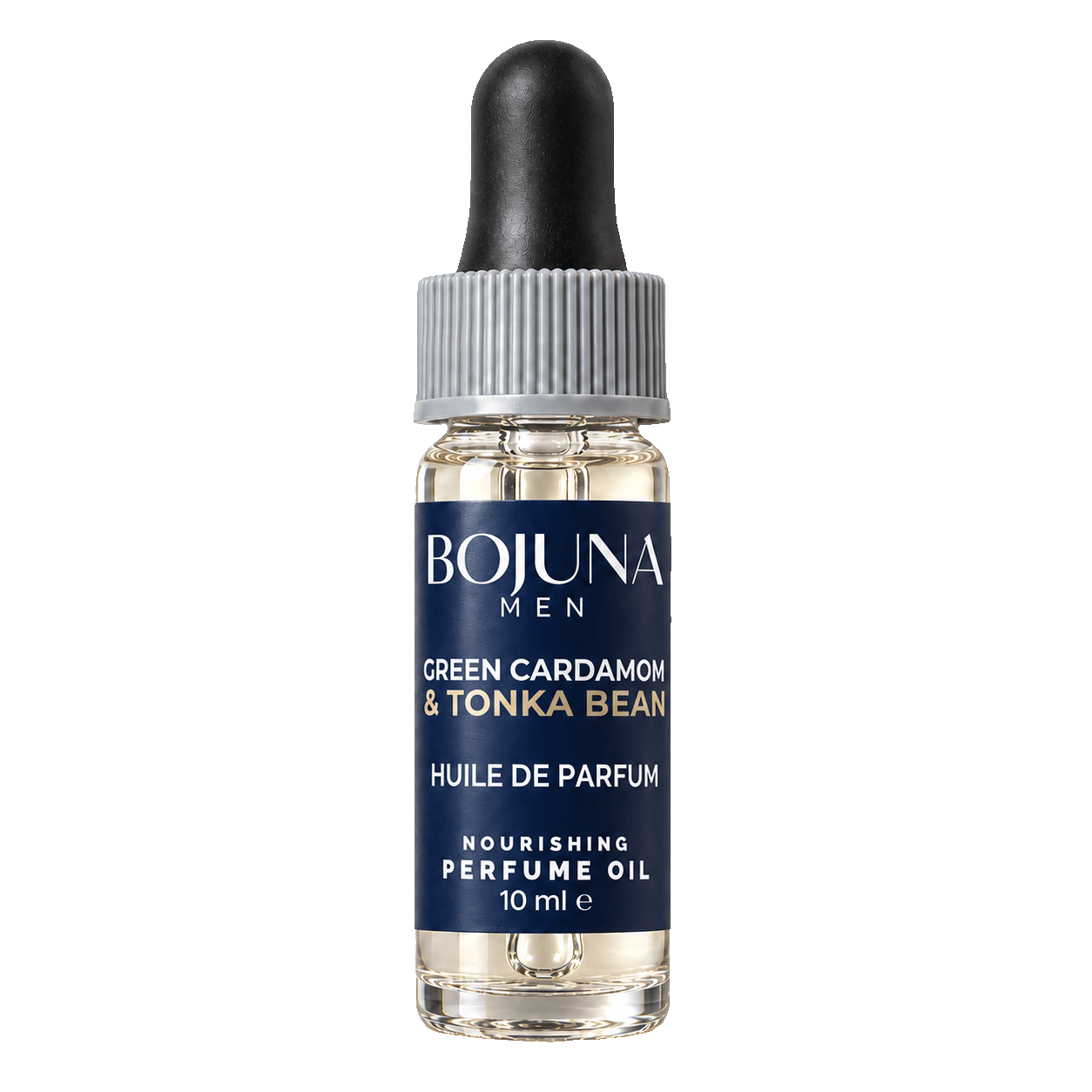 Bojuna Men Green Cardamom & Tonka Bean nourishing perfume oil 10 ml, lying flat on white with a navy label, white first scent line and grey dropper cap.