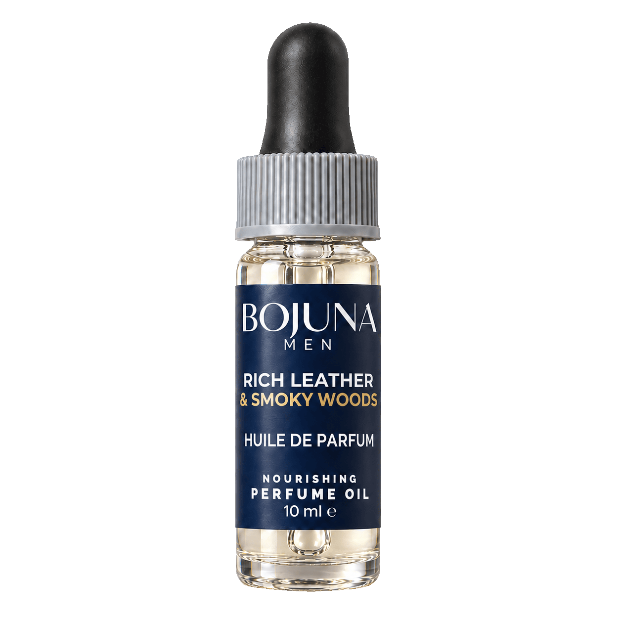 Bojuna Men Rich Leather & Smoky Woods nourishing perfume oil 10 ml, lying flat on white with a navy label, white first scent line and grey dropper cap.