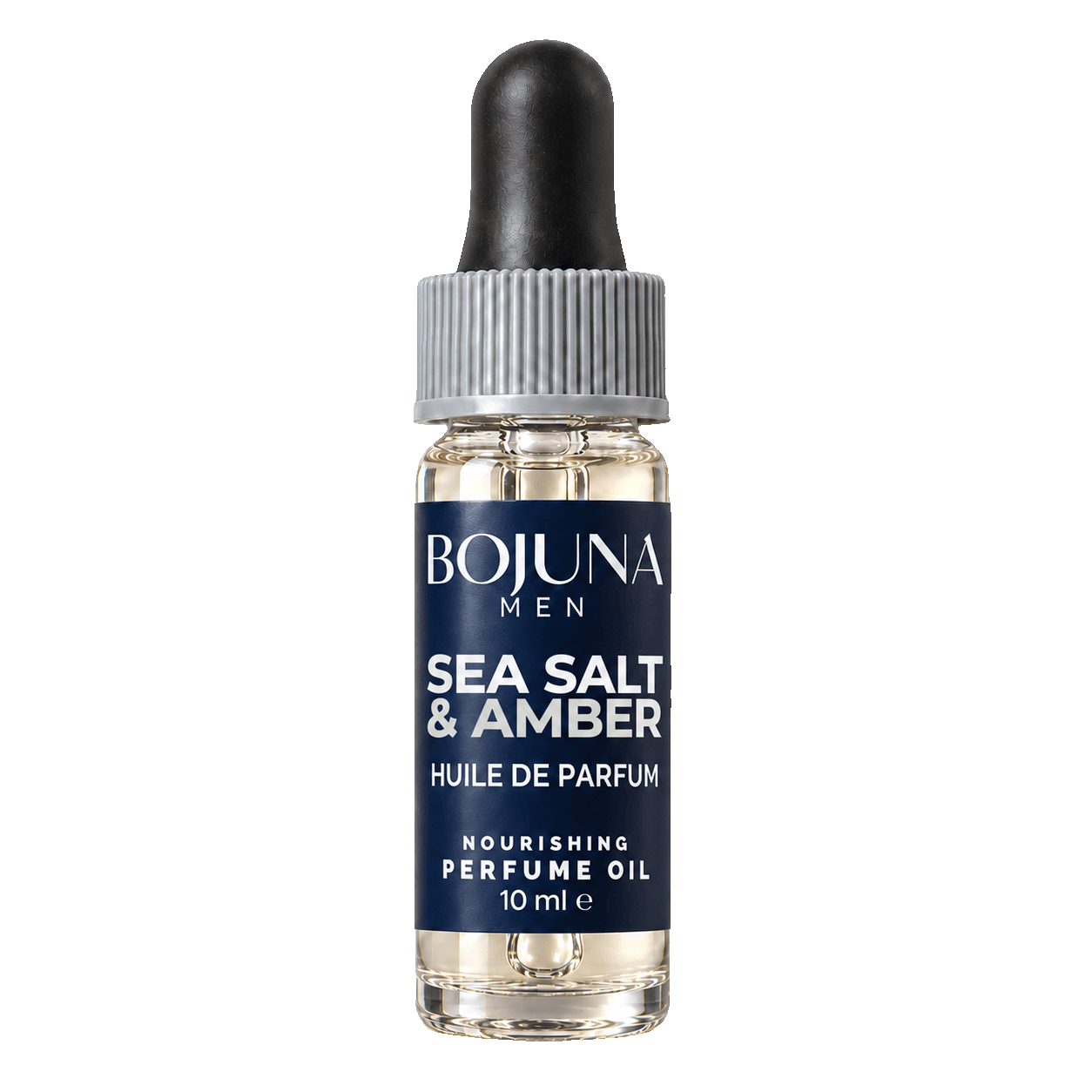 Bojuna Men Sea Salt & Amber nourishing perfume oil 10 ml, lying flat on white with a navy label, white first scent line and grey dropper cap.